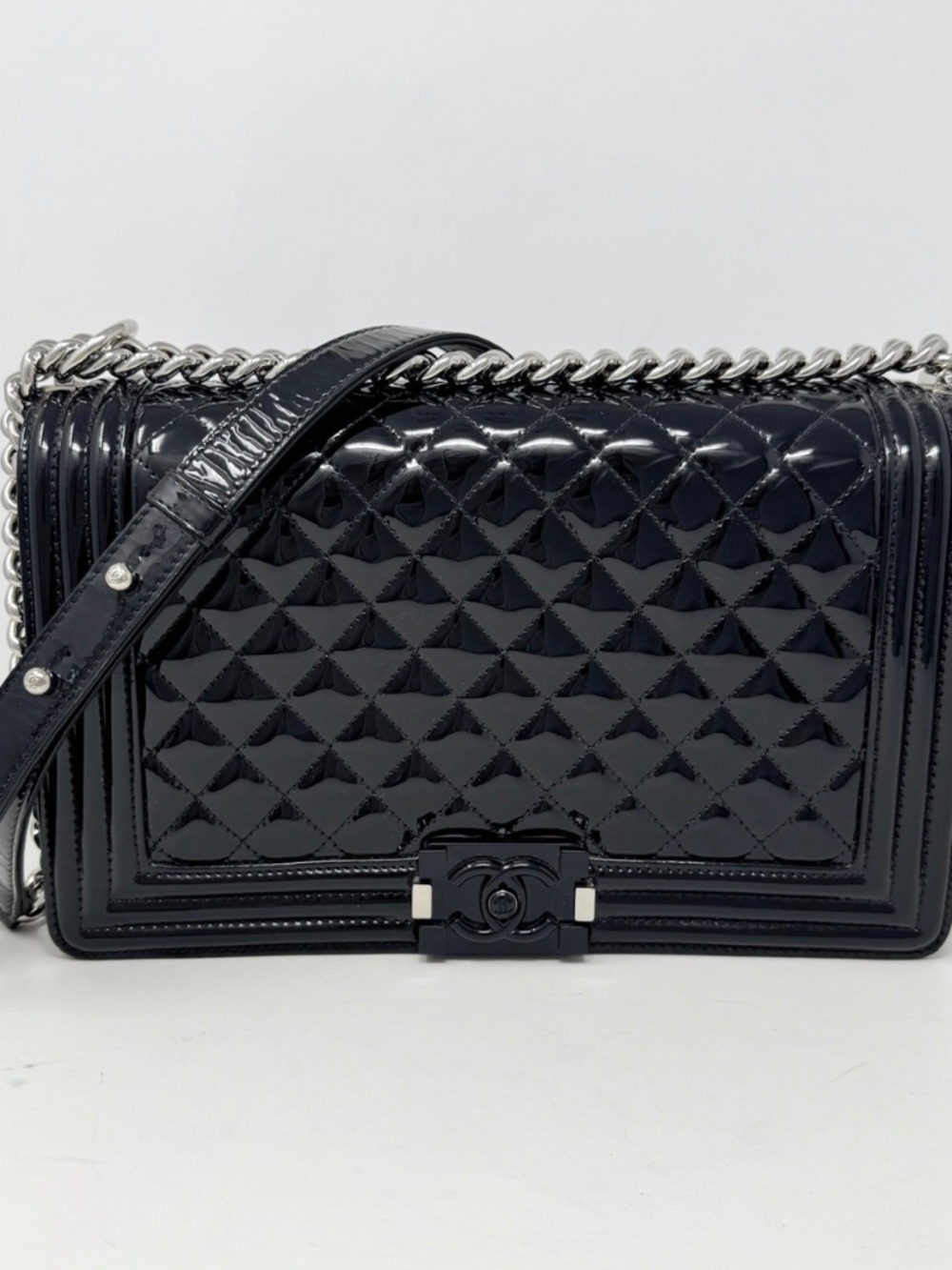 Chanel Black Patent Quilted Boy Bag